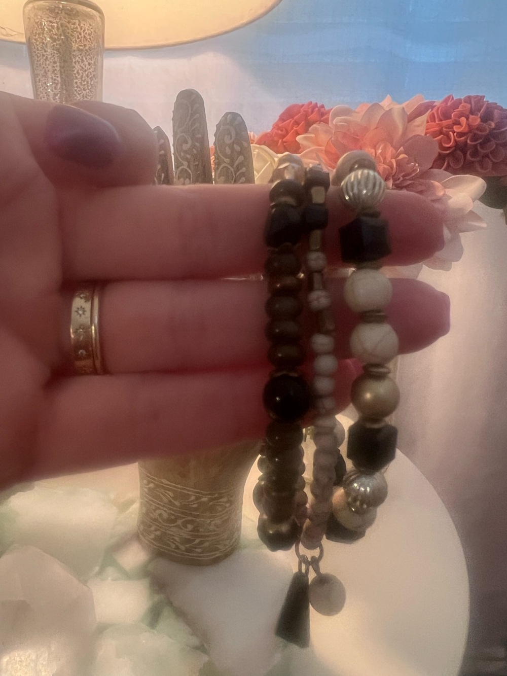 Handcrafted Black and Gold Beaded Stretch Bracelet Set